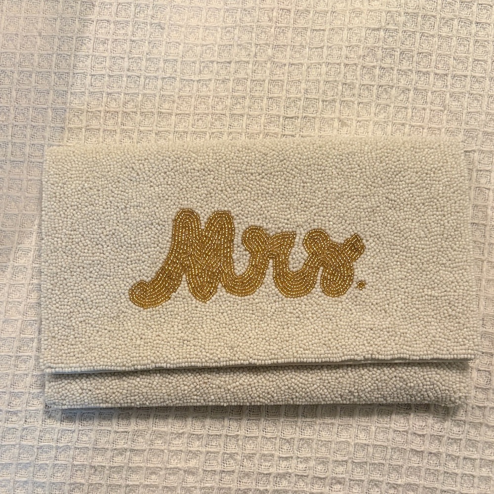 Elegant Cream Clutch with Gold 'Mrs.' Embroidery